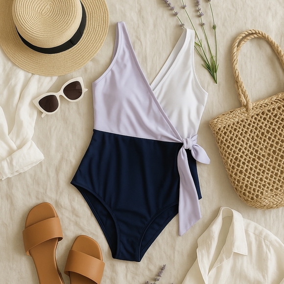 NWT Cupshe Color Block One Piece Swimsuit | Size Small | Lavender Navy White - Picture 9 of 9